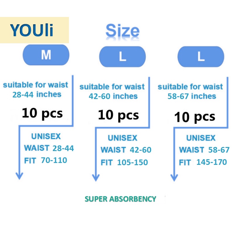 YOULI Breathable Adult Diaper - M/L/XL (100 Pcs)