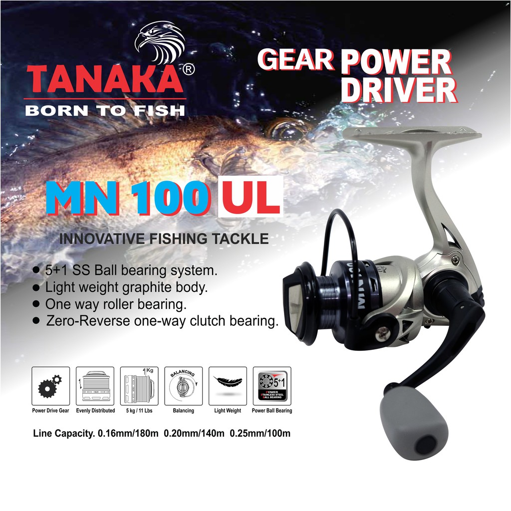 Fishing REEL TANAKA MN 100 UL ULTRA LIGHT POWER HANDLE 5+1BB SPINNING  SALTWATER MAX DRAG 3KG