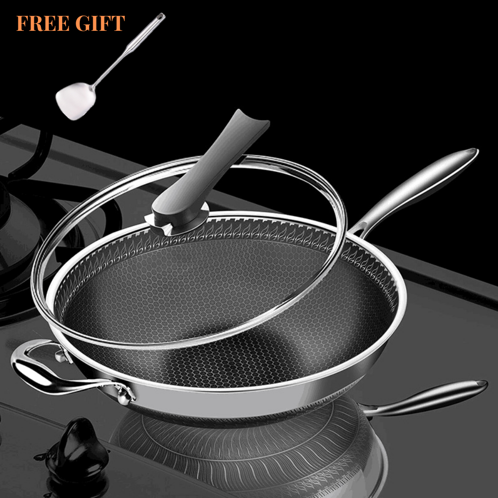 32cm Hybrid Stainless Steel Wok Pan with Stay-Cool Handle - Non Stick,  Double-Sided Honeycomb Frying Pan with Lid Spatula,Dishwasher/Oven Safe,  Works with Induction, Ceramic, Electric,Gas Cooktops – Housefibre