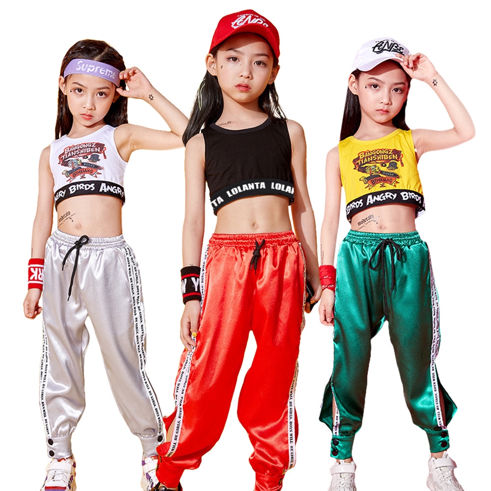 Girls Hip Hop Clothing Street Wear Korean Black Crop Top Orange Jogger  Pants Vest Outfit Children Performance Costumes