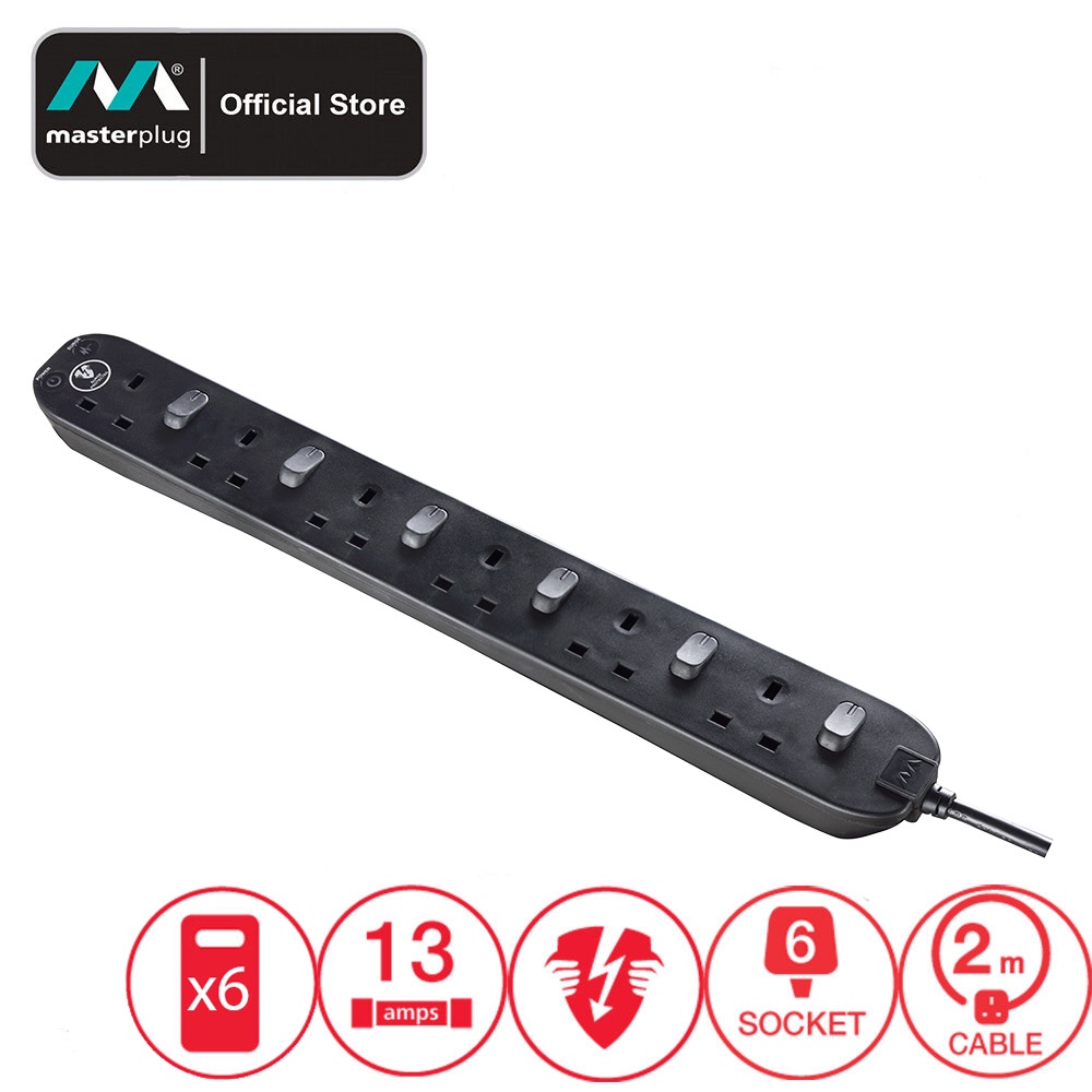 Masterplug Surge Protector 6 Gang 2 Meter Switched Extension Leads