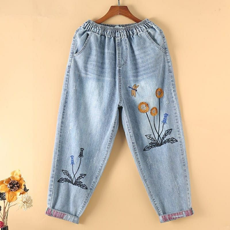 Zanur baggy jeans Women Original Flower Embroidery | Shopee Malaysia