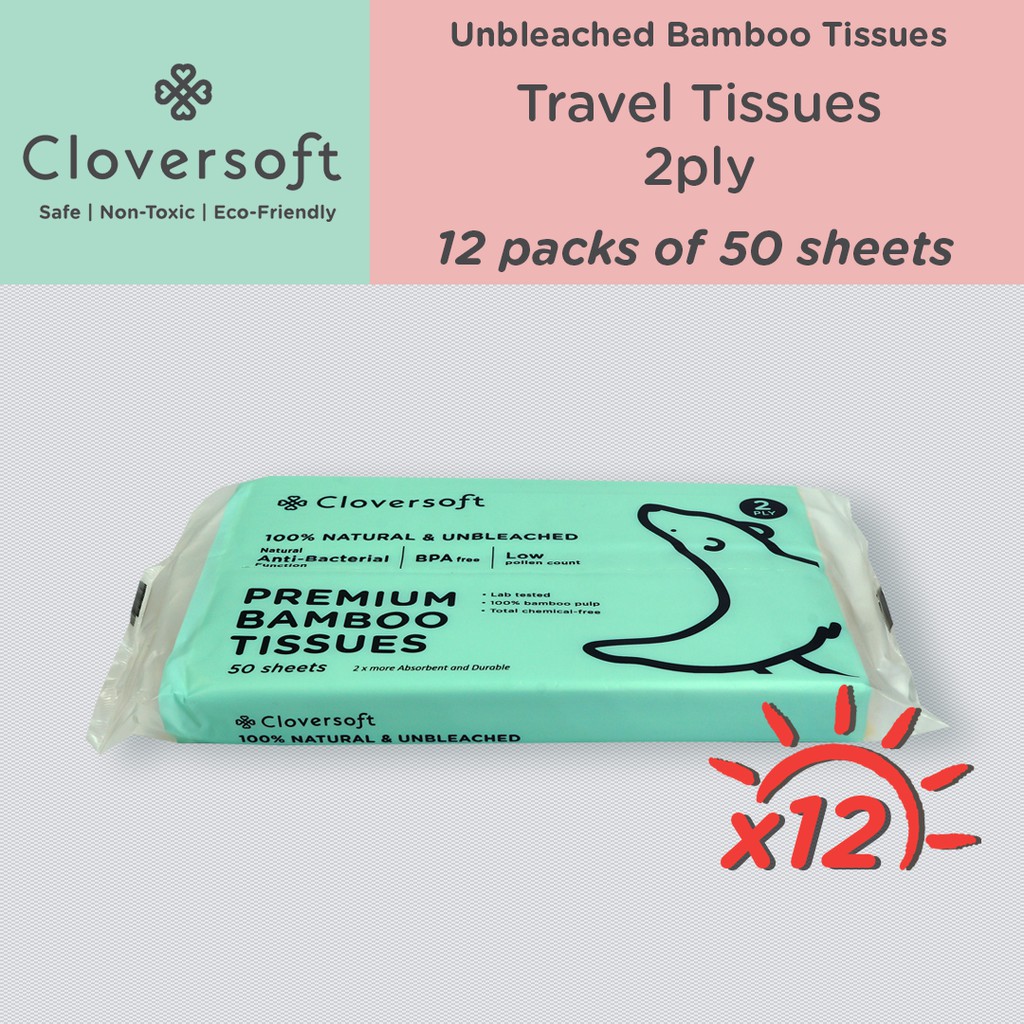 Cloversoft Unbleached Bamboo Travel Tissues 2ply 50sheets x 12packs ...