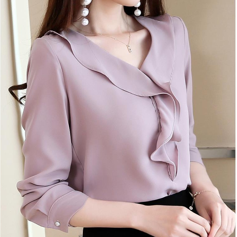 Lasted Design Chiffon Ladies Tops and Blouses Solid Color V Neck Casual Bow  Long Sleeved Elegant Spring Loose Tops Pink at  Women's Clothing store