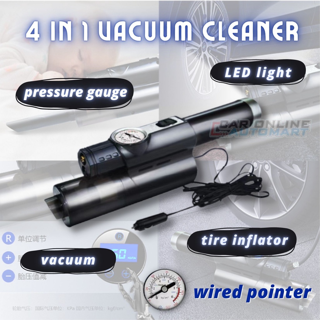 【4 in 1】Car Vacuum Cleaner Tire Inflator Check Tyre Pressure with LED ...