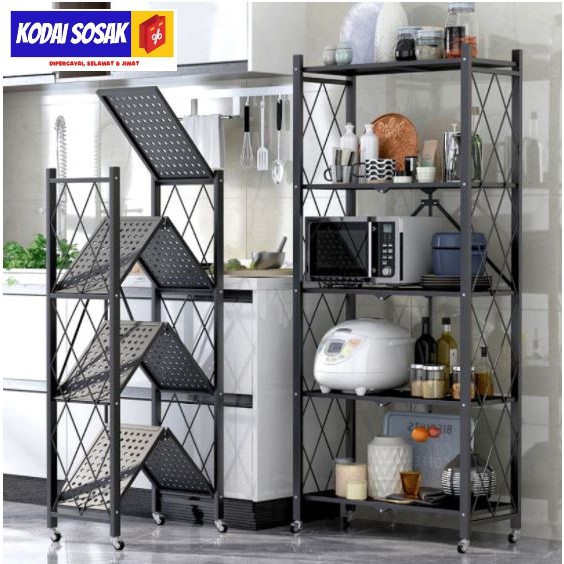 🔥READY STOCK🔥 Kitchen Rack Stainless Steel Foldable Storage Rak Wheeled ...
