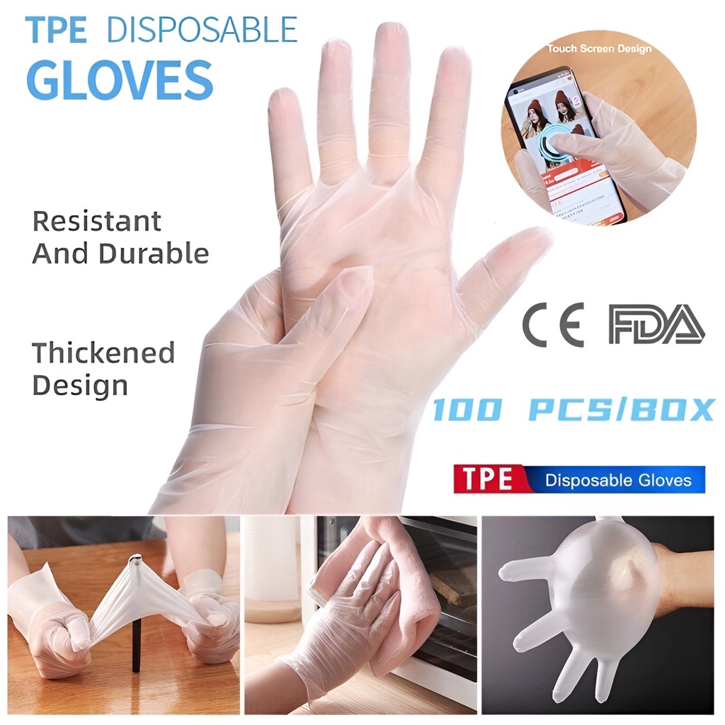 【100Pcs】Boxed Thickened TPE Disposable Gloves Food Grade Glove / Sarung