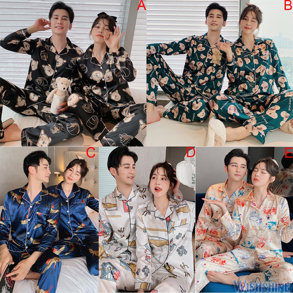 Couple Men Women Silk Satin Pajamas Sets Long Sleeve Pyjamas Sleepwear  Nightwear 