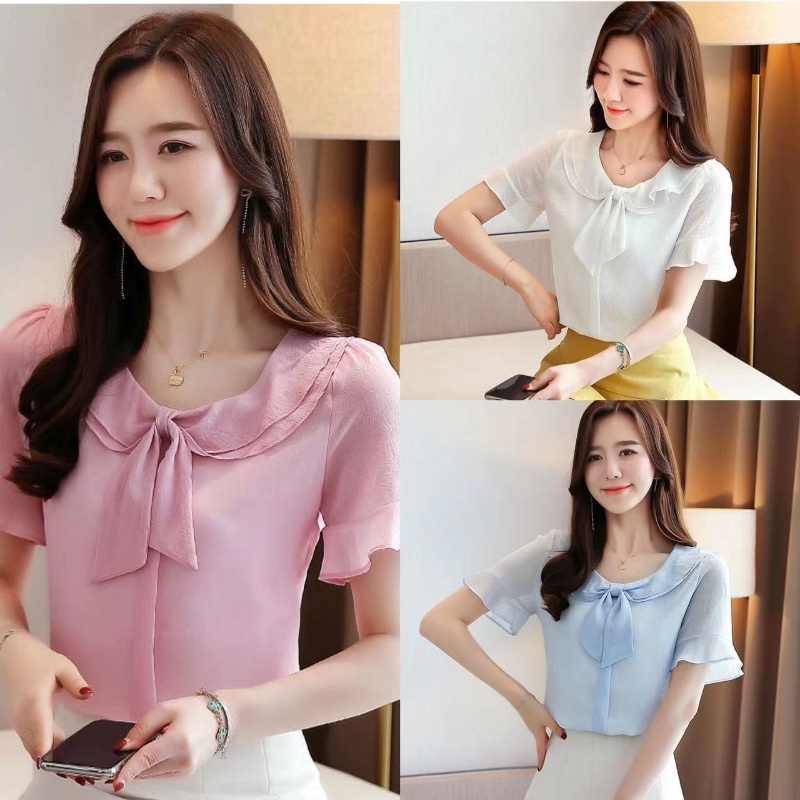 Doll Collar Chiffon Short-sleeved Blouse Fashion Korean Chiffon Blouse ...