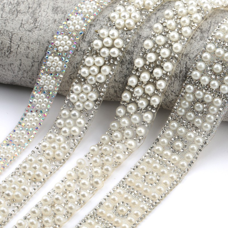 QIAO ABS Round Pearl Beads Hot-fix Trim rhinestone Decoration Strass Ribbon  Crystal Appliques for Clothes Shoes Making