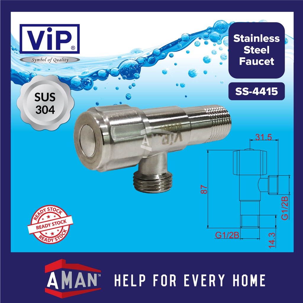 VIP SUS-304 Stainless Steel Quarter Turn One Way Angle Valve Pipe ...