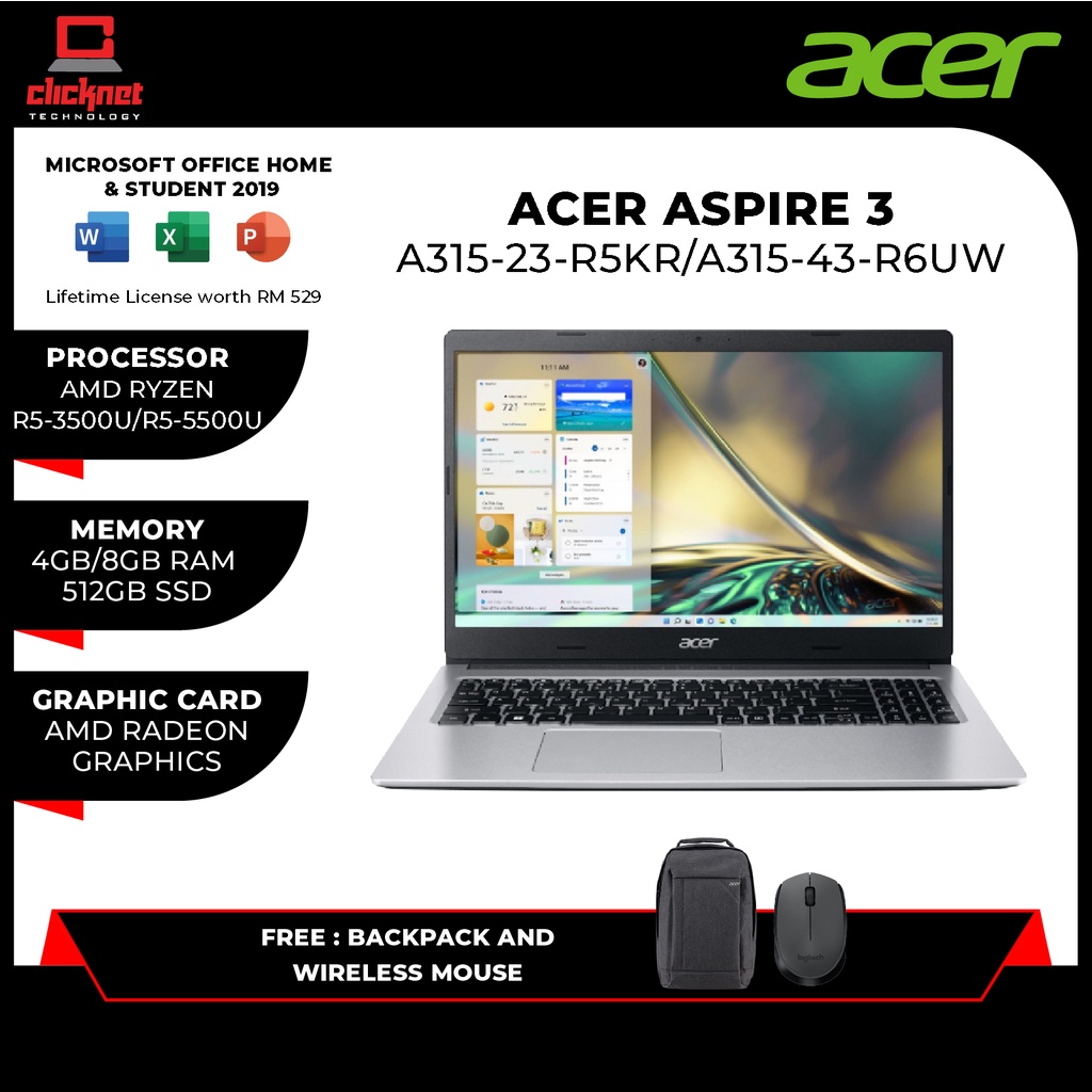 ACER Aspire 3 - Silver (R5-3500U/R5-5500U/4GB/8GB/512GB SSD/15.6