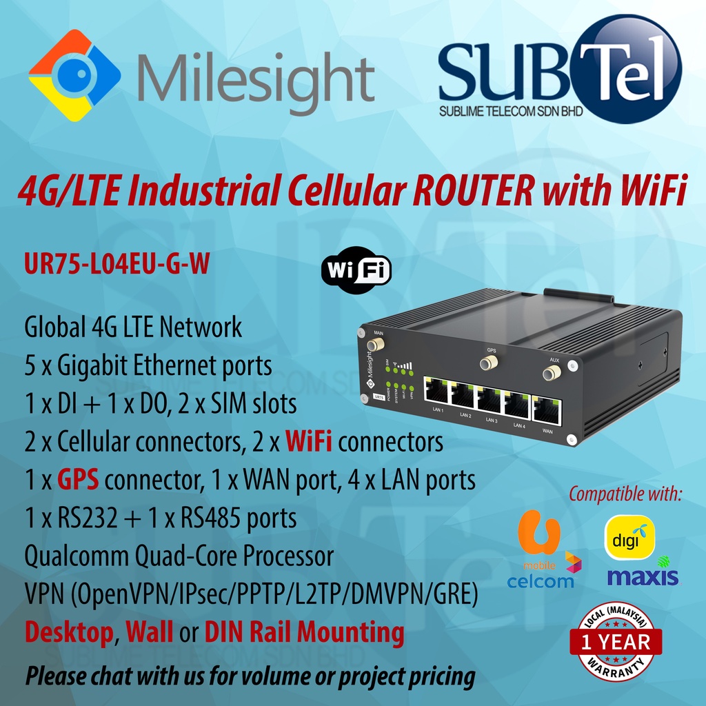 Milesight UR75-L04EU-G-W 4G LTE Industrial Cellular Gigabit Router ...