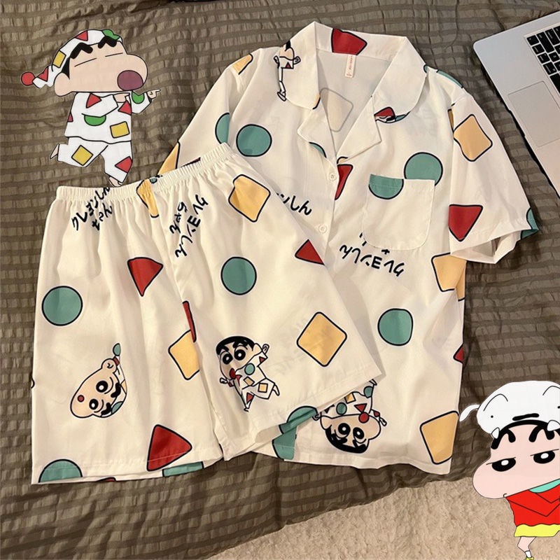 Students pajamas female cartoon cute crayon small学生睡衣女卡通可爱蜡笔小新开衫短袖外出家居服 ...