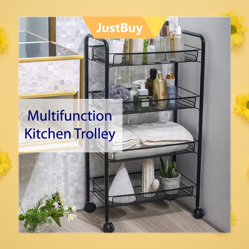 4 Tier Kitchen Trolley Rack with Wheel Multipurpose Storage Rack Troli ...
