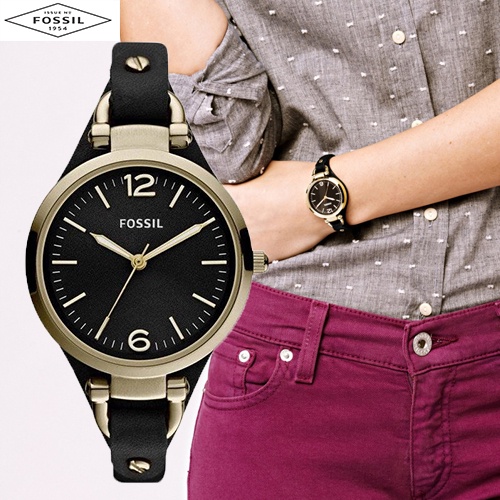 Real Photo AuthenticFossil Women s Georgia Gold Tone Black Leather Watch ES3148 Jam Tangan Wanita