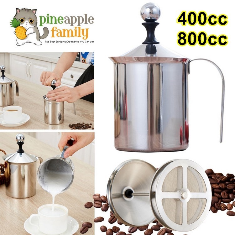  Manual Milk Frother,400ML/800ML Stainless Steel Manual Milk  Frother Double Mesh Coffee Cappuccino Foamer Creamer(400ml): Home & Kitchen