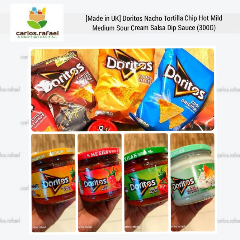 Made In Uk Doritos Nacho Tortilla Chip Hot Mild Medium Sour Cream Salsa Dip Sauce 300g 6324