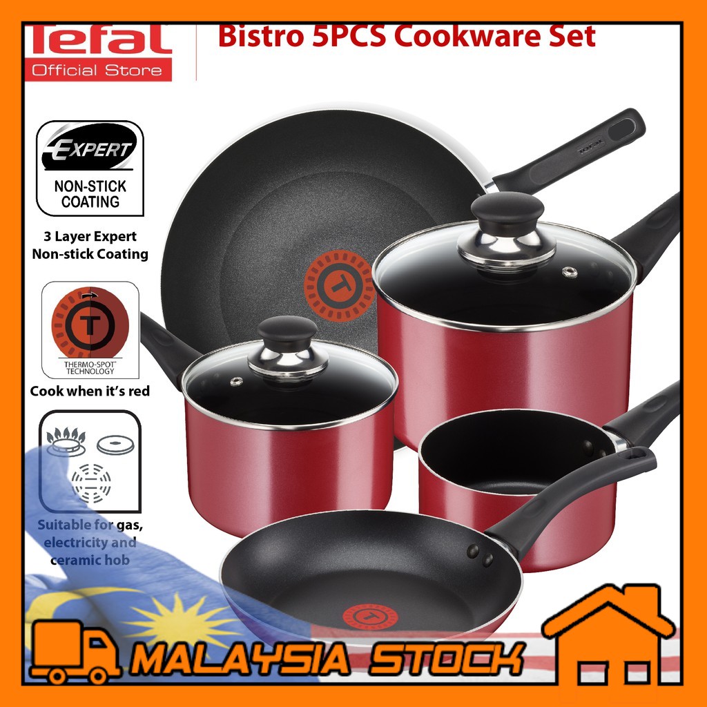 Tefal Bistro Red 5PCS Cookware Set Pots & Pans - Frypan/Milkpan/Saucpan ...