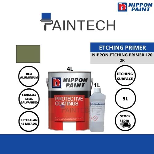 [100GENUINE] NIPPON 2K Etching Primer 120 (Olive Green) 5L Primer untuk Aluminum, Galvanized