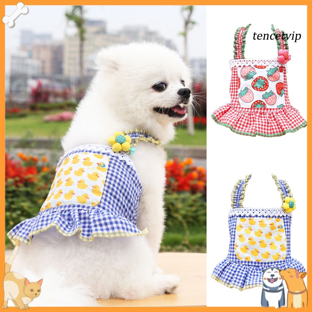 [Vip]Summer Dog Dresses Breathable Lace Plaid Pattern Ruffles Summer