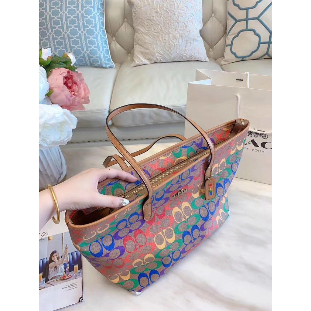 Coach Reversible City Tote in Rainbow Signature Canvas Shopee Malaysia