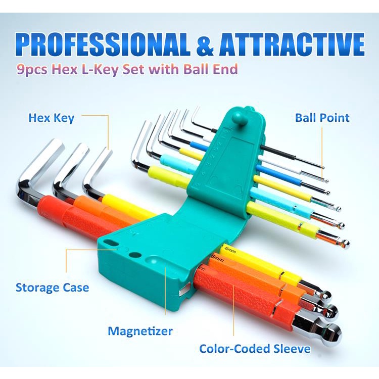 Pro'sKit HW-230BL 9PCS Colour Coded Extra Long Arm Ball Point Hex Allen ...