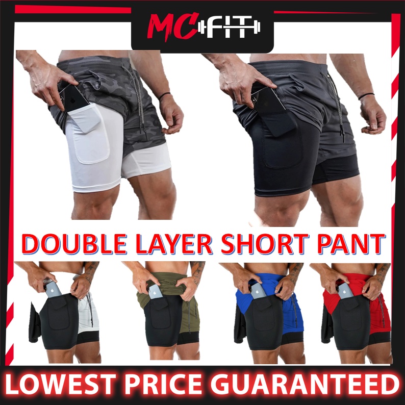 MCFIT Men's Doublelayer Running Shorts Quick Dry Gym Fitness Jogging