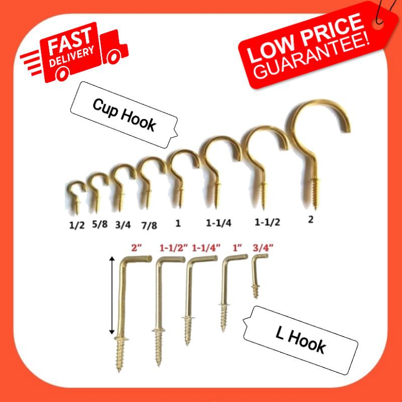 1/2 Inch Brass Plated Cup Hook (Pack of 10)