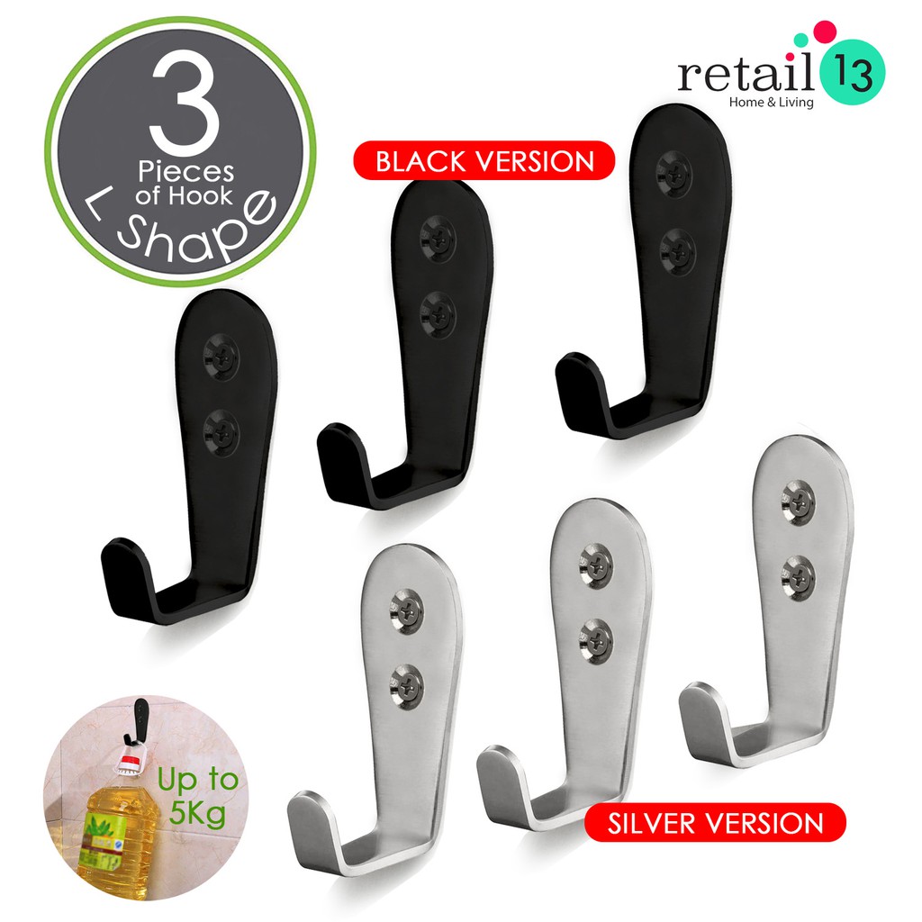 3 Pieces SET L Shape Stainless Steel Heavy Duty Wall Mount Hook Silver Black RETAIL13 Shopee Malaysia
