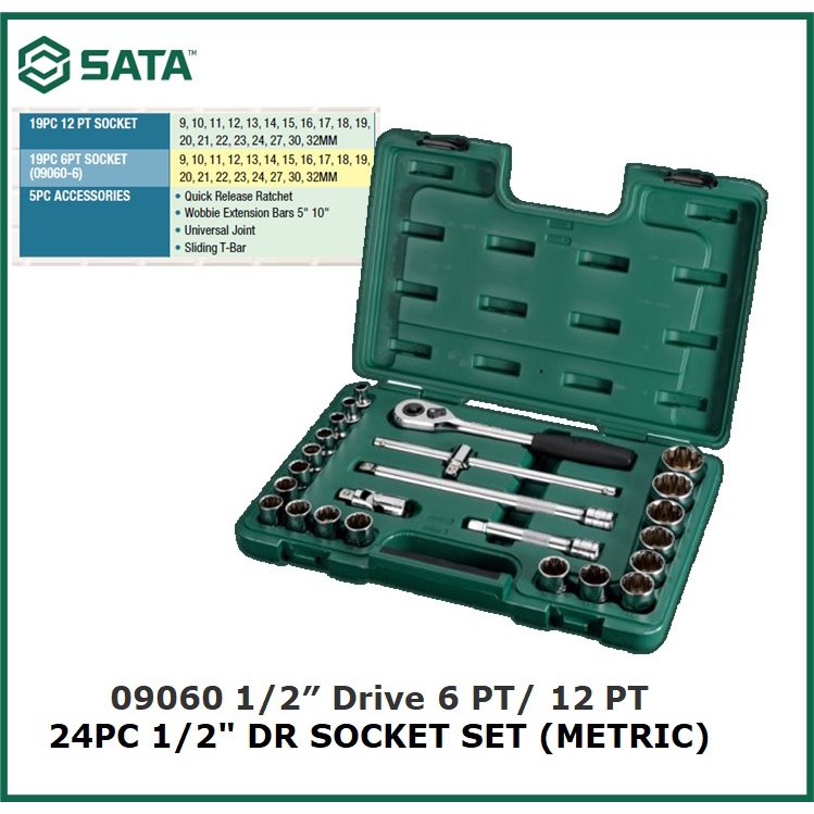 SATA 09060 24PC 1/2″ Drive 6 PT / 12 PT 1/2" DR SOCKET SET (METRIC ...