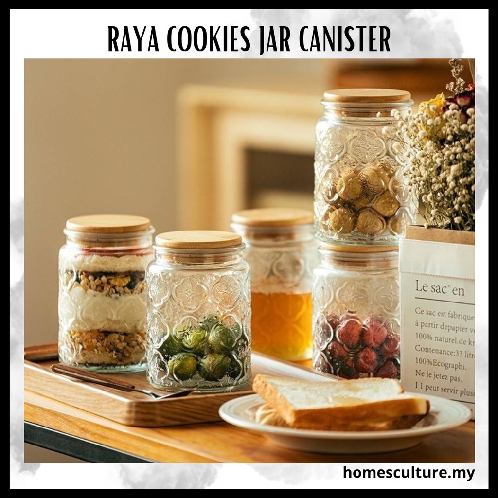 Raya Cookies Canister With Bamboo Lid Glass Jar Balang Kaca Kedap