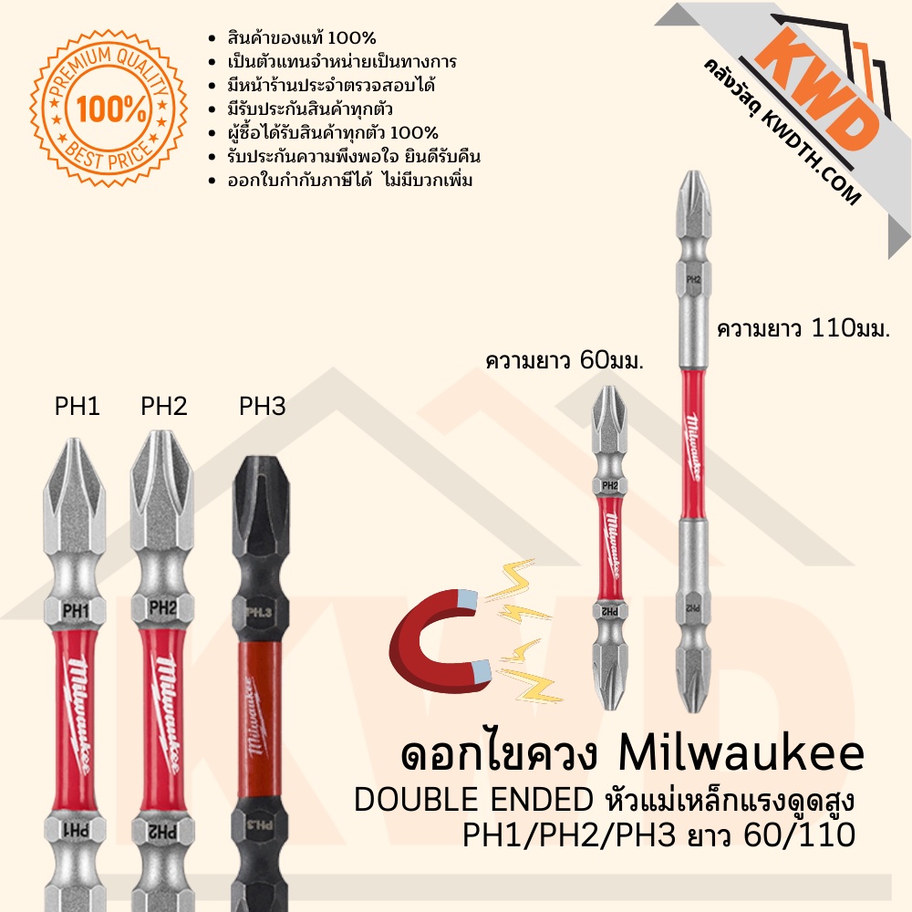 Milwaukee Double Ended Head Screwdriver Bit PH1/2/3 Length 65/