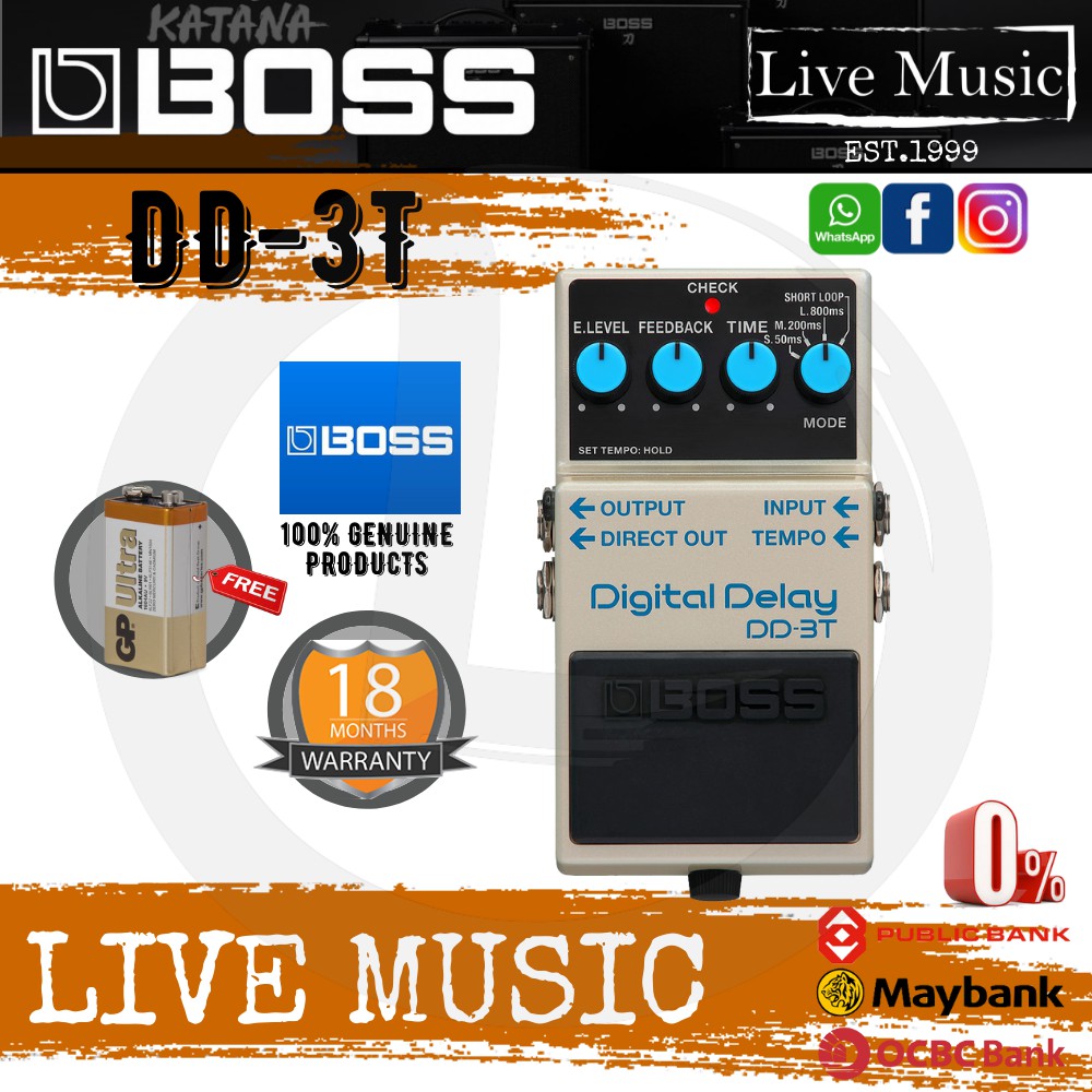 Boss DD3T Digital Delay Effect Pedal For Electric Guitar with Tap