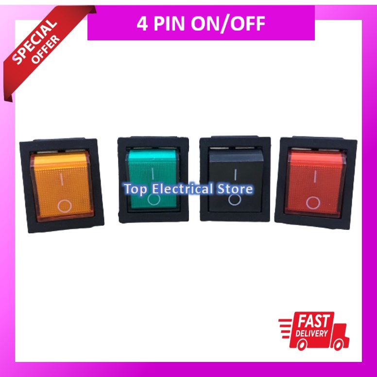 4 PIN ON/OFF ROCKER SWITCH (1PC) AC 250V WITH LED (RED/YELLOW/BLACK ...