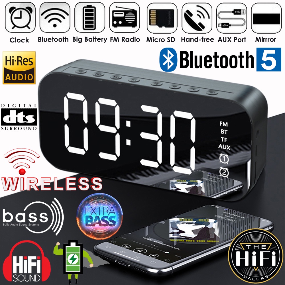 Bluetooth Speaker Wireless Music Player Mirror Screen Digital Alarm