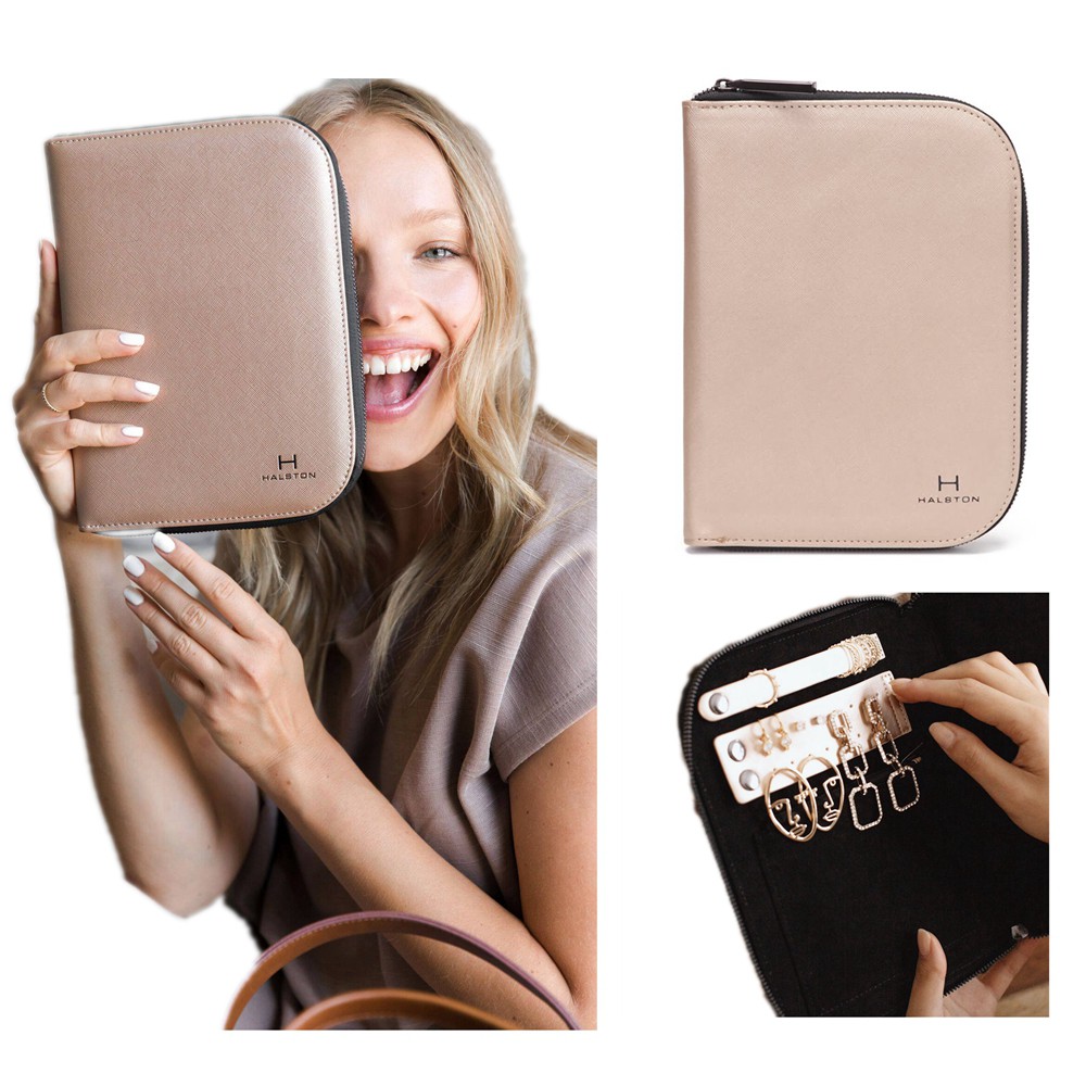 Halston Jewelry Portfolio Case Carrier Organizer Gold Travel Zip Case
