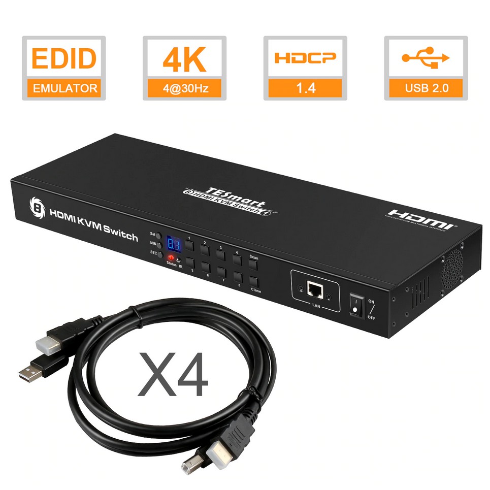 KVM Switch 8 Ports 8 In 1 Out 4K30Hz Black Support infrared remote