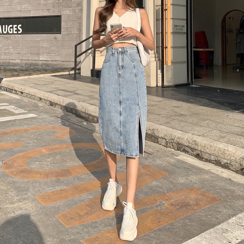 Women's Denim Skirt Wrap Sexy Midi Long Hip Summer Slit Korean
