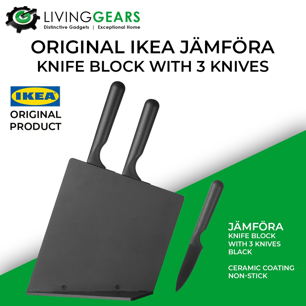 IKEA JAMFORA Knife Block with 3 Knives Black Ceramic Nonstick