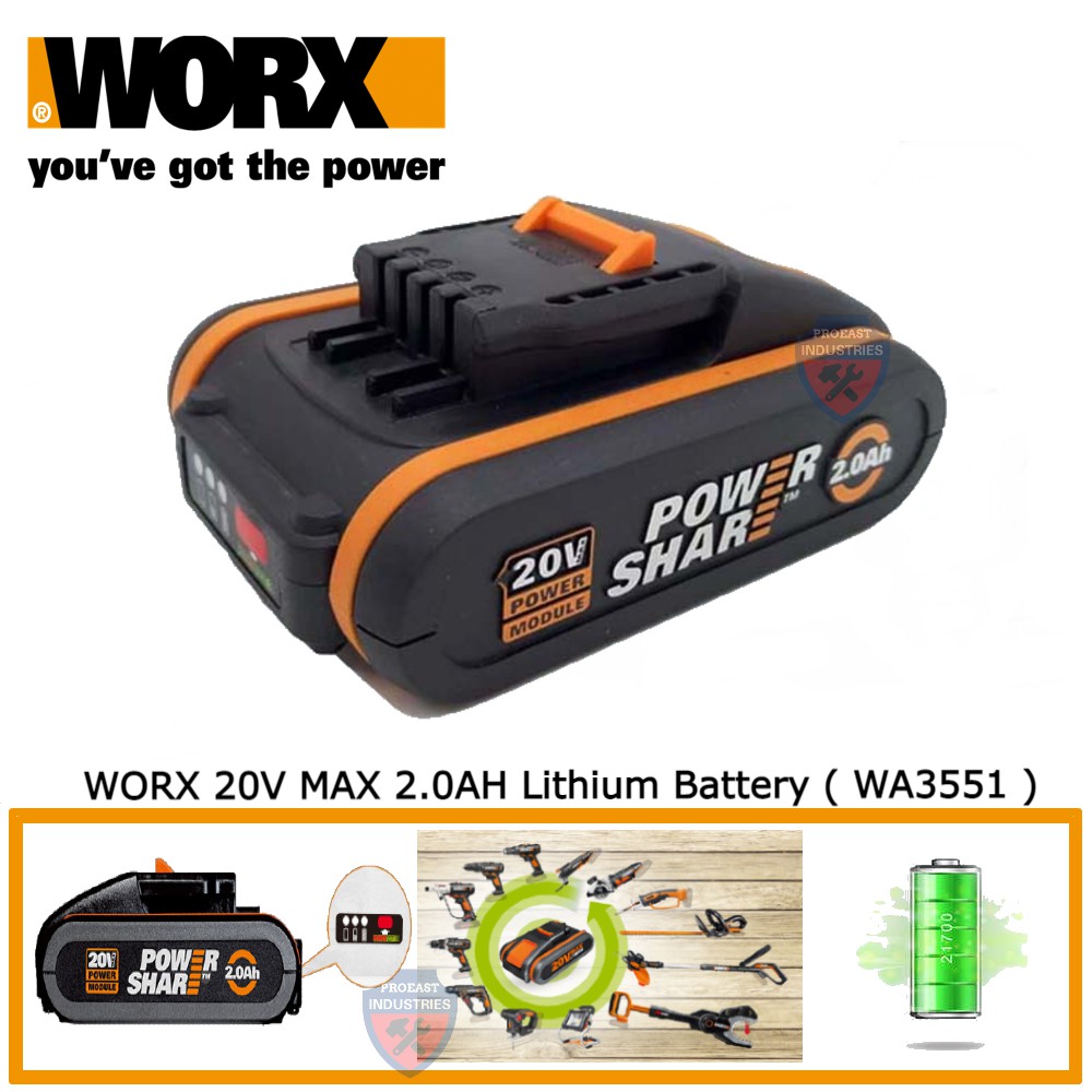 WORX WA3551 20V MAX 2.0Ah Powershare Lithium-Ion Battery With Capacity Indicator - Compatible With 20V WORX Tools 14 thumbnail image