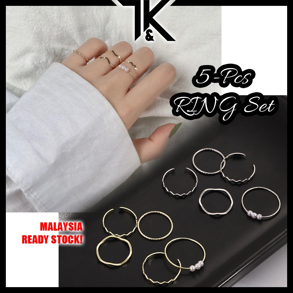 [LOCAL] Elegant 5-PCS Pearl Ring Set Fashion Wave Twisted Ring Finger ...