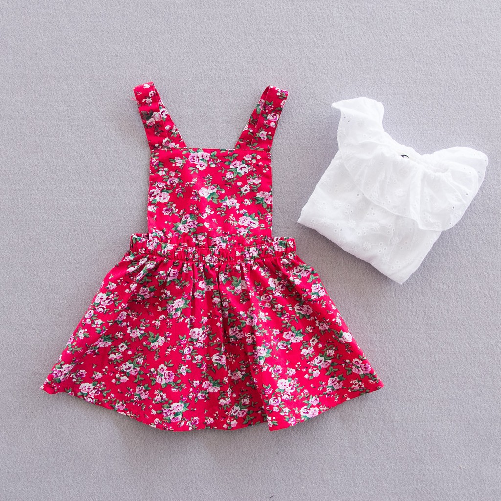 [Malaysia Stock] Booboo Duck Girls Floral Pattern Red Pinafore Dress ...