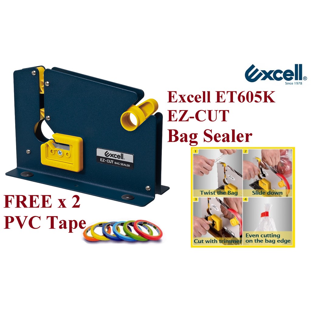Excell EZ-Cut Bag Sealers With Trimmer Tape Dispenser ET-605k *FREE 2 rolls  PVC Bakery Tape