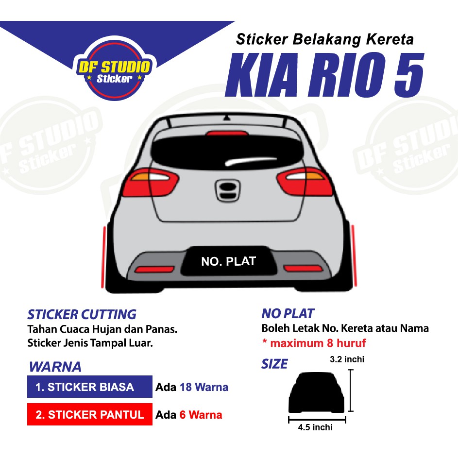 Sticker Belakang Kereta Kia Rio, 1 Pcs, Boleh Tukar Warna Dan No. Plate ...