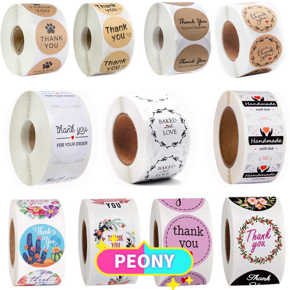 PEONY 500PCS Sticker roll Round label Wreath Package Label Thank You ...