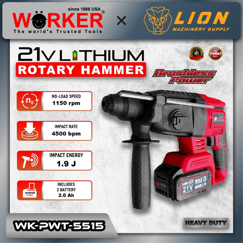 Worker 21v Lithium 26mm 3in1 Brushless Rotary Hammer Wk Pwt 5515 With