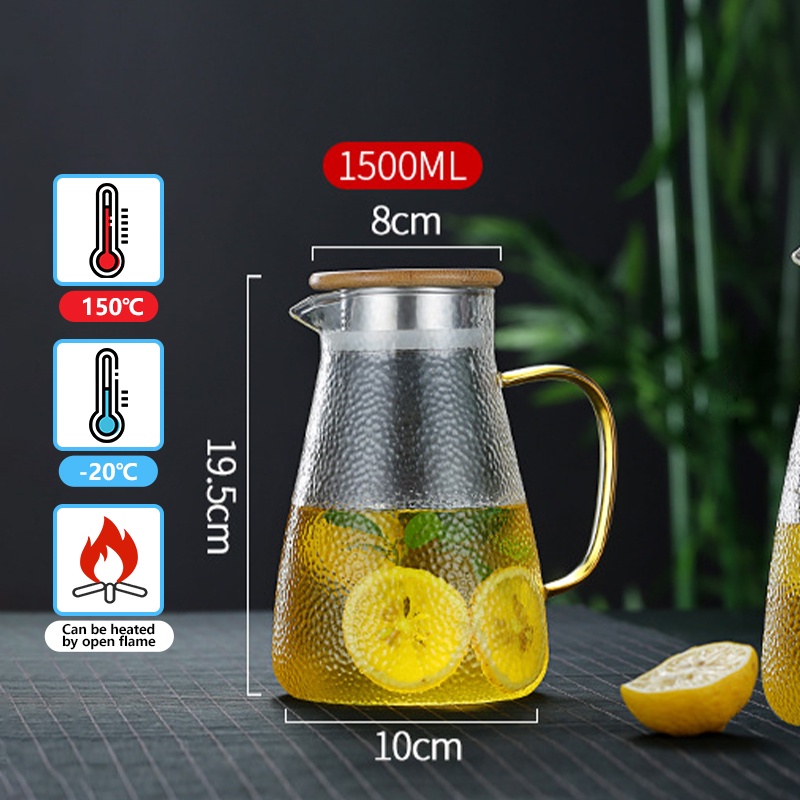 1.7L Glass Water Pitcher with Handle Bamboo Lid Heat Resisttant Cold Hot  Kettle Large-capacity Tea Pitcher Water Juice Jug Cups
