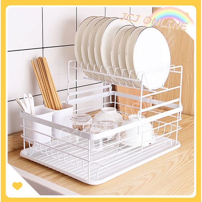 Rak Pinggan Double Decker Steel Dish Rack Drainer with Drain Tray 2 Tiers Kitchen Rack Plate