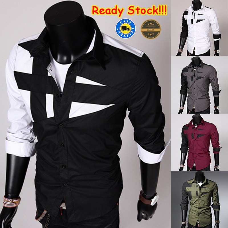 Men's Autumn And Winter New Casual Slim Splice Shirts Long Sleeve ...
